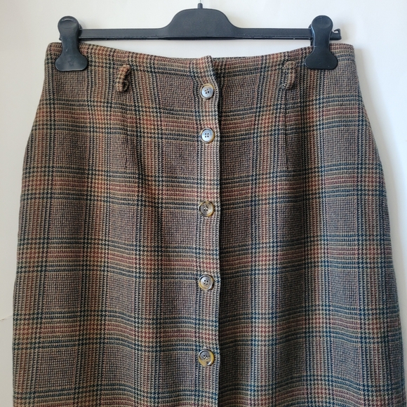 Vintage 100% Wool Glen Plaid Button-front Midi Skirt 10 Academia Heritage - Picture 3 of 15